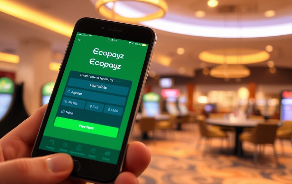 Smarttelefon med Ecopayz-app og casinoinnskudd i bakgrunnen.