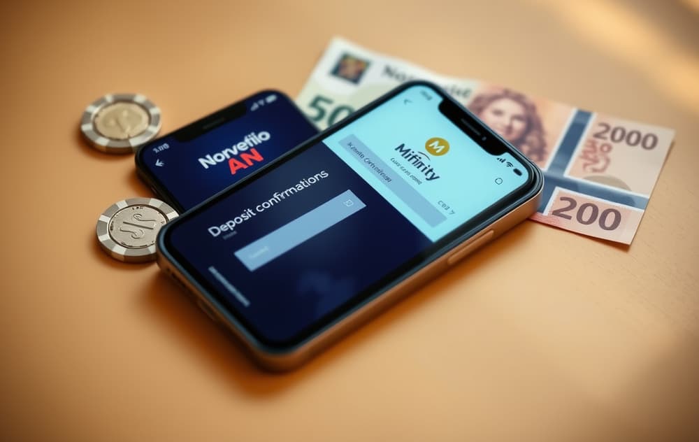 Smarttelefon med Mifinity-appen som viser en bekreftet innskuddstransaksjon, med kasinojetonger og norske sedler i bakgrunnen.