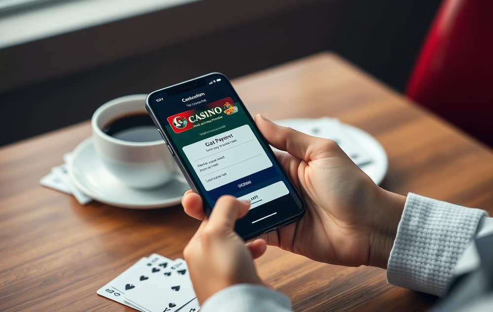 Person som holder en mobiltelefon med casino-kasse åpen og mobilbetaling bekreftet.