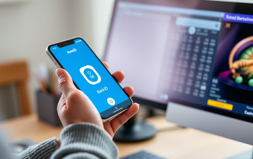 Person som bruker BankID på mobil for å sette inn penger på et nettcasino.
