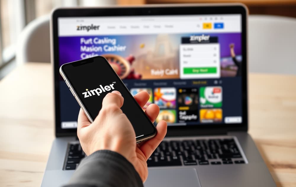 Mobiltelefon med Zimpler-logo foran en casinoinnskuddsside på laptop