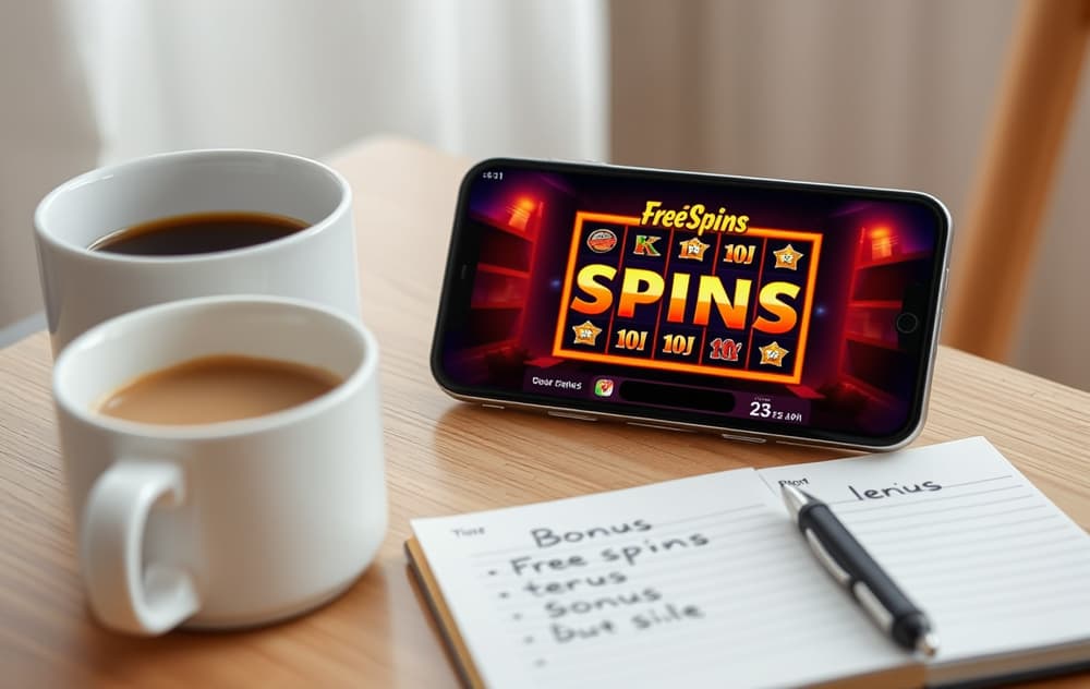 Smarttelefon med freespins-varsel på skjermen, kaffekopp og notisblokk med bonusvilkår