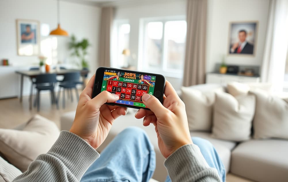En hånd som holder en iPhone med et mobilcasino-spill åpent, spilleautomater er synlige.