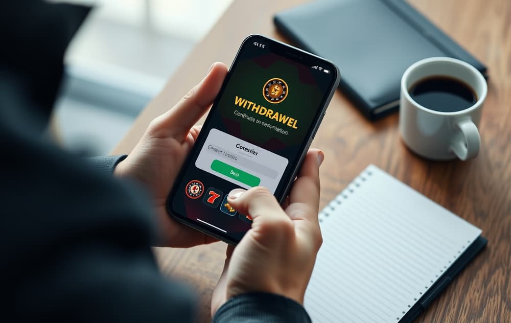 Person med smarttelefon som viser utbetalingsbekreftelse fra nettcasino, kaffekopp og notatbok på trebord
