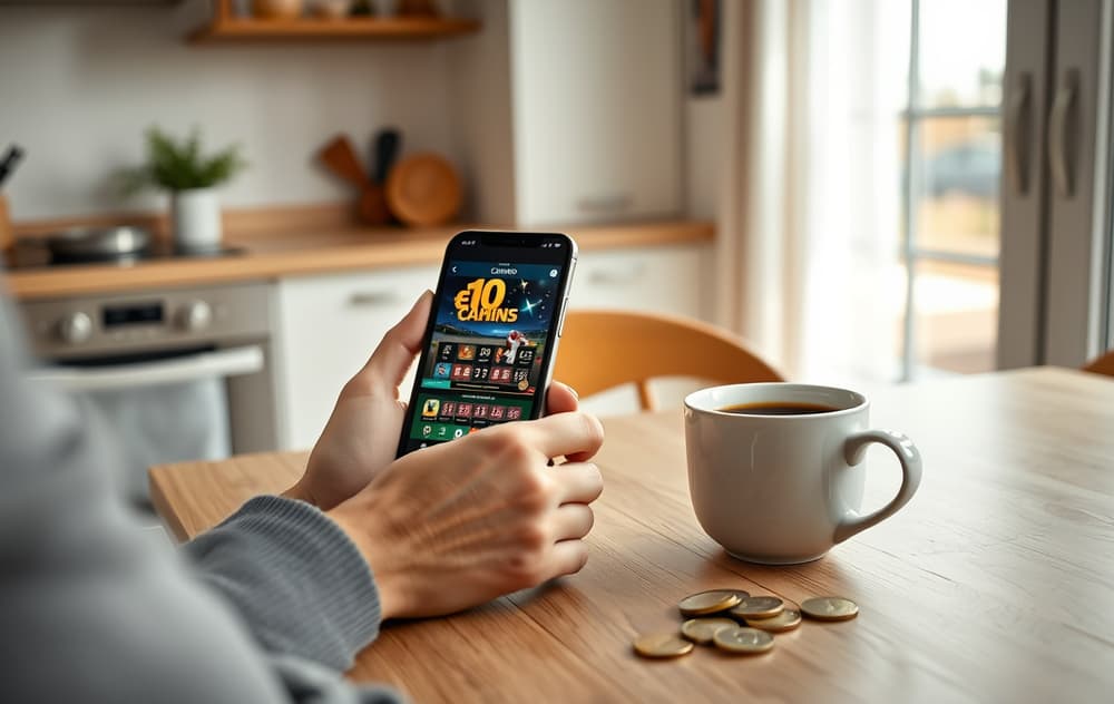 Person som spiller på mobil med kaffekopp og norske mynter på bordet