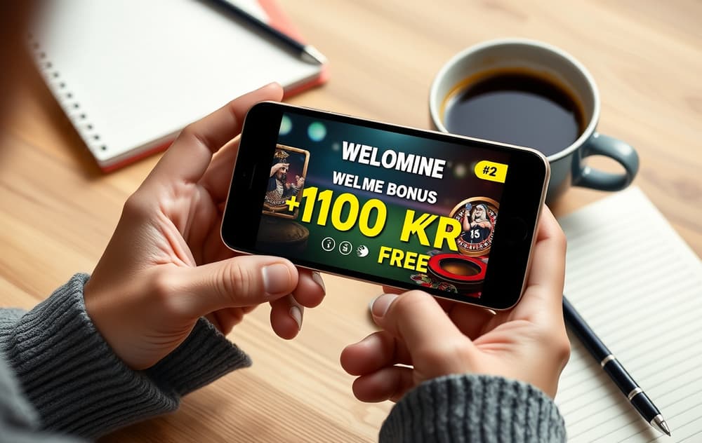 Person med smarttelefon som viser 100 kr gratis casino-bonus, med kaffekopp og notatbok på bordet.