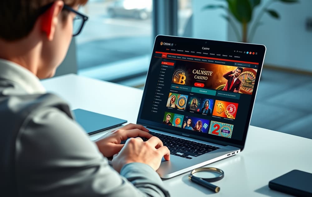 En person som sammenligner kryptocasinoer på en bærbar PC med Bitcoin-symbol og forstørrelsesglass på skrivebordet.