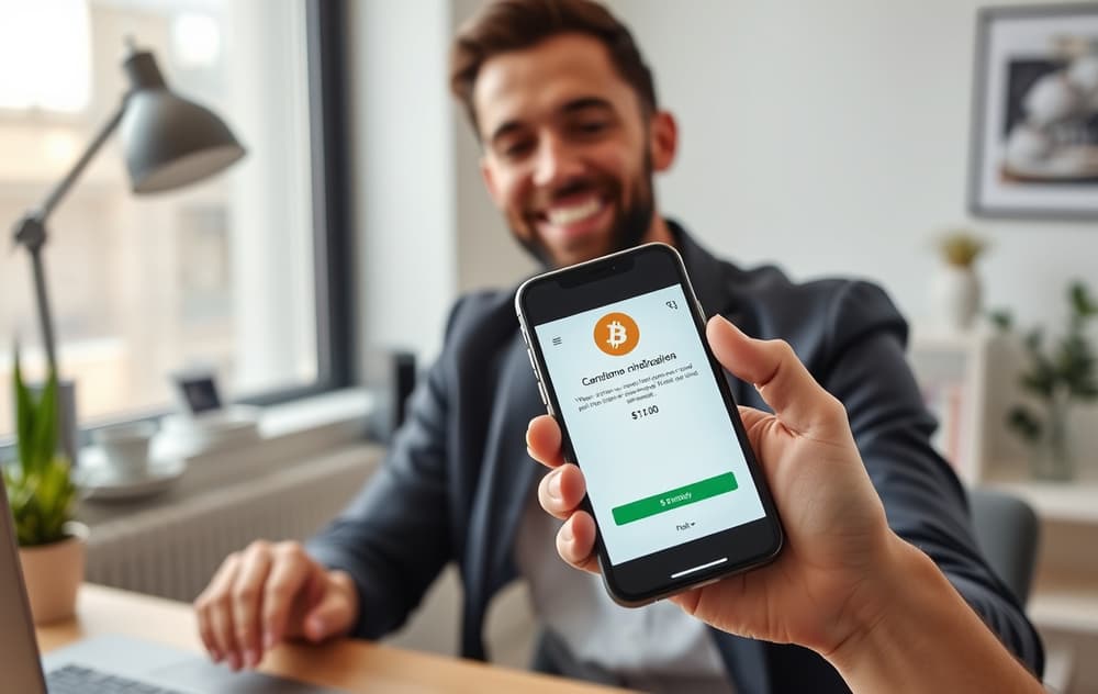 Person med smarttelefon som viser uttakskvittering med Bitcoin-symbol og 5-minutters timer