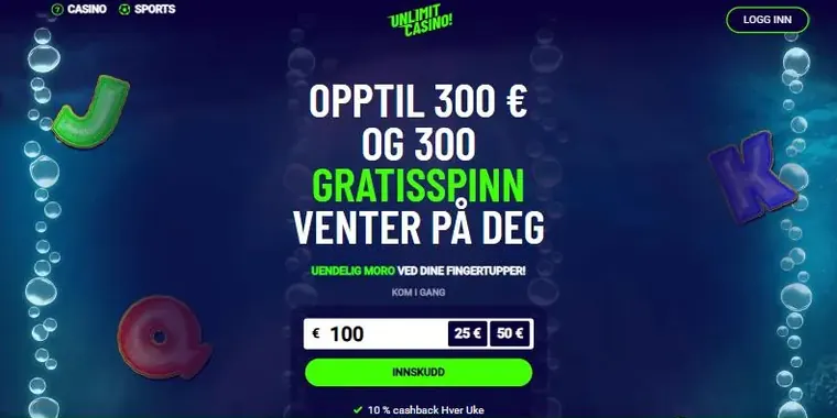 Forsiden til Unlimit Casino, skjermbilde oktober 2026