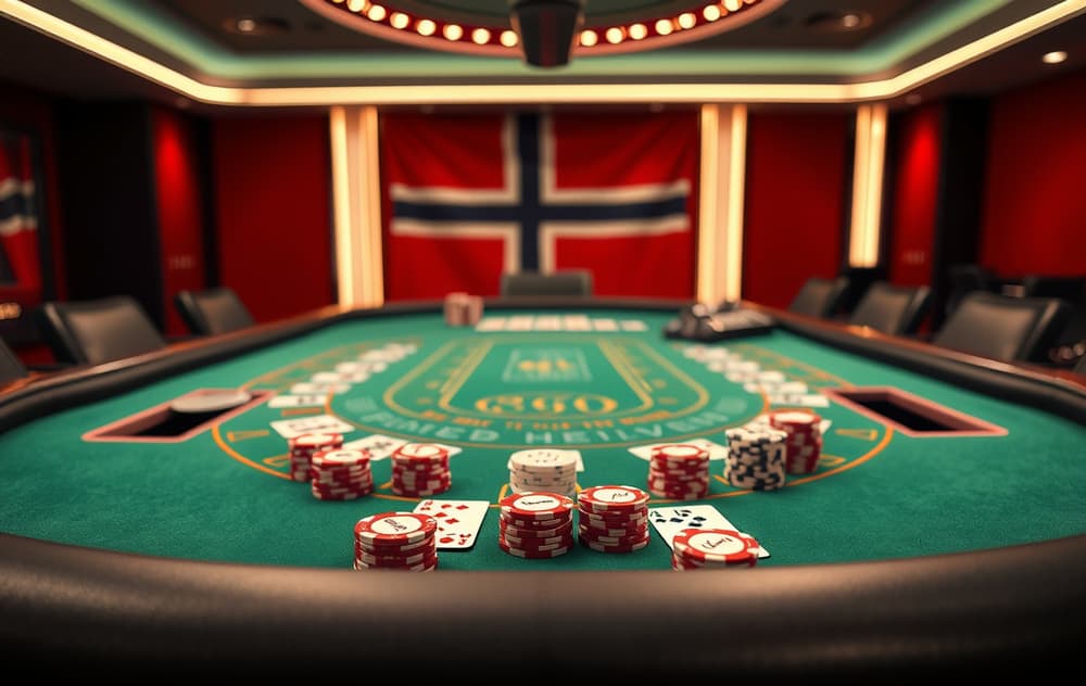 Live dealer blackjack bord med grønt filt, kort og sjetonger, studio miljø