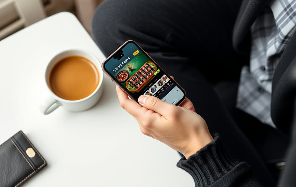 En hånd som holder en mobiltelefon med et casinospill på skjermen, en kopp kaffe og en lommebok med Vipps-logo ved siden av.