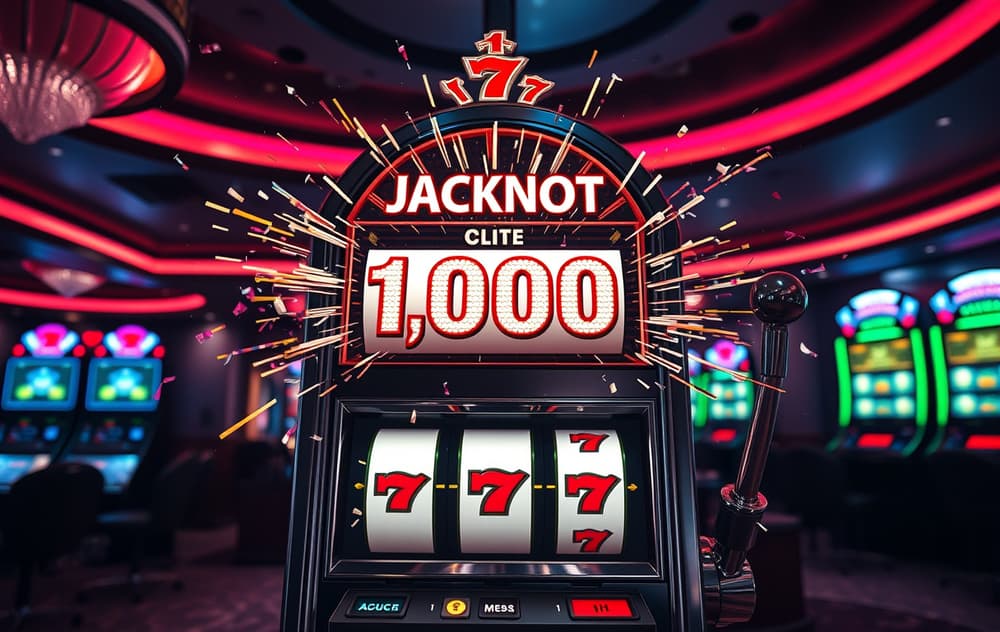 Jackpot-spilleautomat med stor premieteller i gull, omgitt av mynter og konfetti i et mørkt casino.