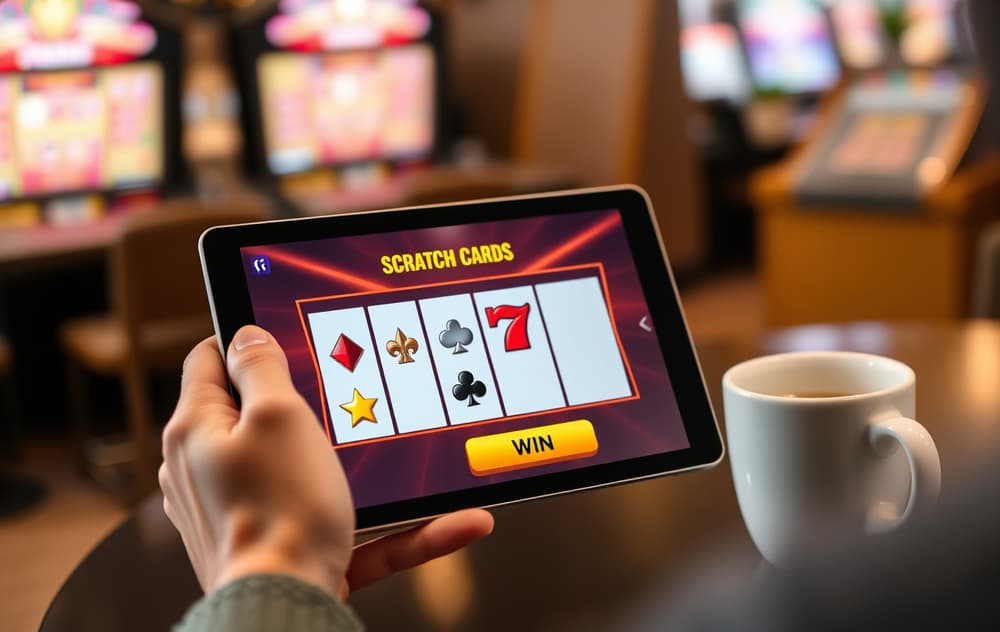 Person som holder et nettbrett med et digitalt skrapelodd som viser tre like symboler og gevinst.